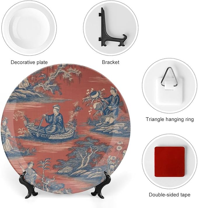 Cheng Toile Dynasty Red Chinoiserie Ceramic Decorative Plate of 6", 7", 9", 10", Personalized Hanging Decorative Tiles, Display Household Decorations Office, with Vertical Stand