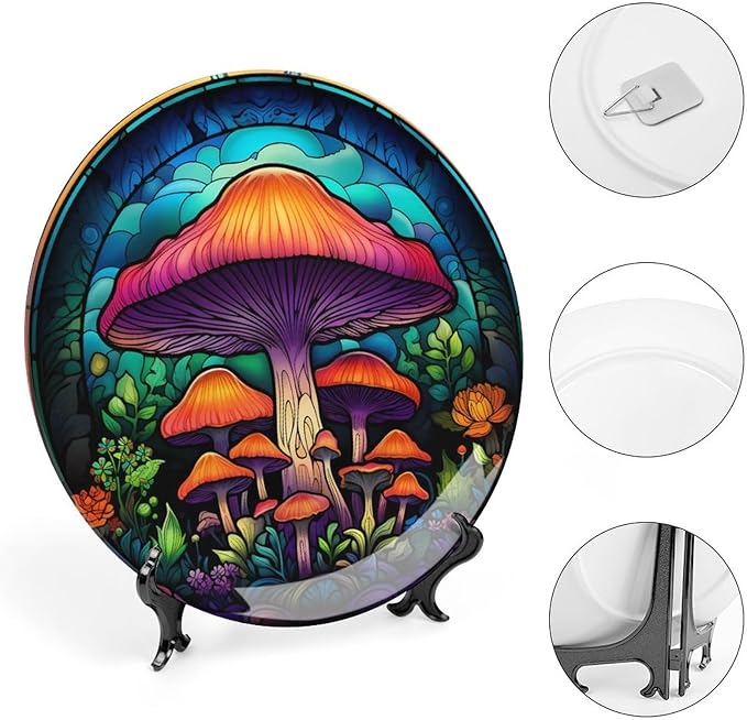 Decorative Plates, Forest Mushroom Stained Glass Painting Ceramic Dinner Plate Home Wobble-Plate with Display Stand, Wall Hanging Decor for Kitchen Household 10 Inch, Gifts for Mushroom Lovers