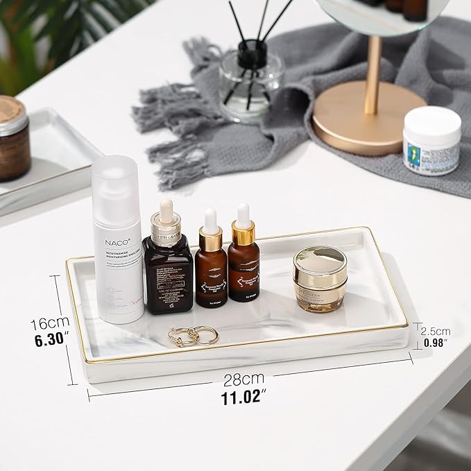 Luxspire Marble Ceramic Vanity Tray - 11" Gold and White Counter Tray for Dresser, Kitchen, Perfume, Bathroom Accessories