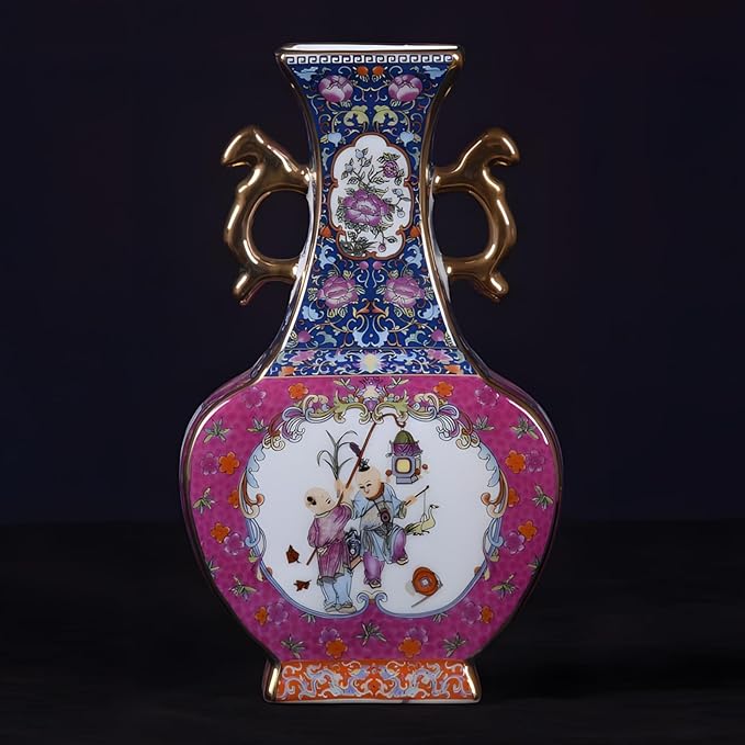 Antique Ceramic Vase - 9.8 Inch Enamel Porcelain Vase with Gold Trim, Chinese Purple Red Double-Handled Flat Ornament for Home Decor, Housewarming Gift, Collector's Art Piece
