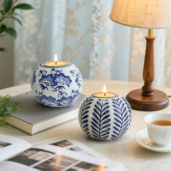 Okllen Set of 4 Blue and White Decor Ceramic Tealight Holders, Chinoiserie Decor Votive Candle Holders for Wedding Party Centerpiece, Holiday Home Table Decor, 1.8" Dx2.75 H