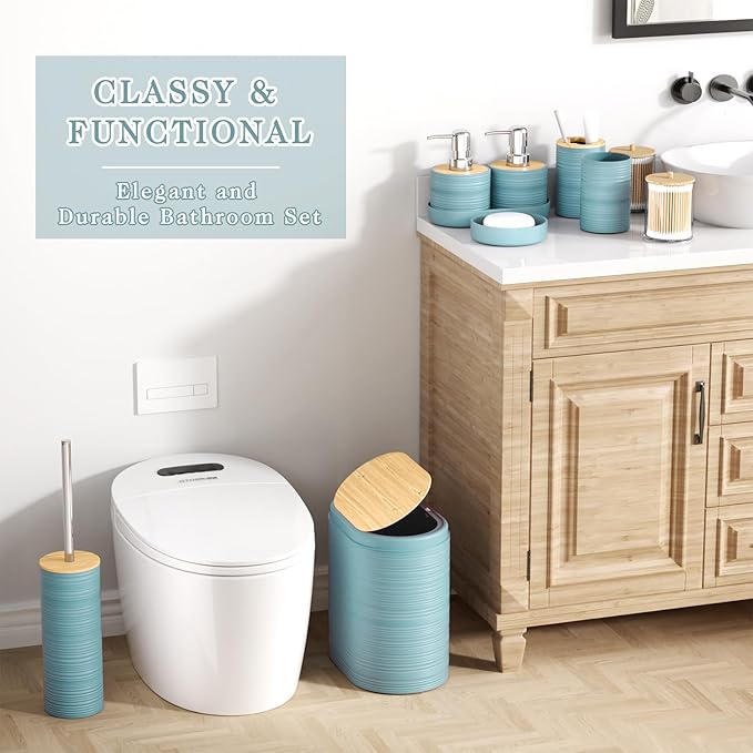 Light Blue Bathroom Set - 10PC Bathroom Accessories Set, Luxury Bathroom Accessory Set with Trash Can,Toilet Brush & 2 PC Soap Dispensers for Apartment Decor and Housewarming