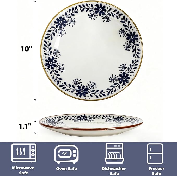 4 Pack Ceramic Dinner Plates, 10" Round Appetizer Plates, Blue Floral Dessert Serving Dishes, Vintage Salad Plate, Scratch Resistant Dinnerware for Kitchen, Microwave Dishwasher Oven Safe