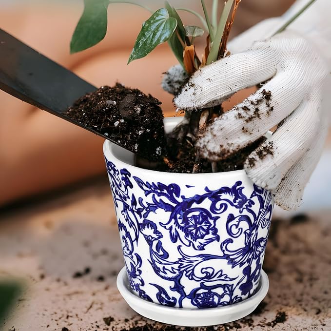 Blue and White Ceramic Planters Pots, Ceramic Flower Pots with Drainage Hole & Saucer, Indoor/Outdoor Ceramics Plant Pot for Succulents, Cactus, Flowers, Garden Home Tabletop Decor, 5+4 Inch Set of 2