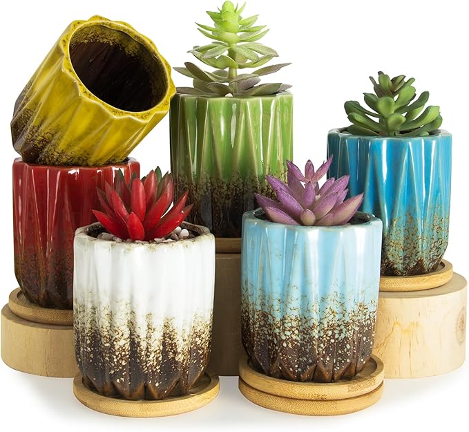 ARTKETTY Succulent Pots - 3.15 Inch Small Plant Pots with Drainage Trays Set of 6, Ceramic Pots for Indoor Plants Glazed Cactus Flower Pots Decorative Garden Home