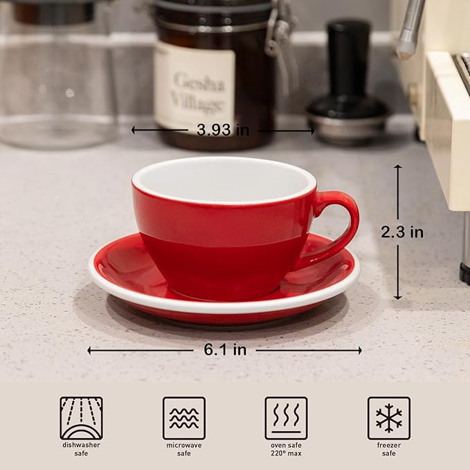 Loveramics Cappuccino Cup with Saucer, 8 oz Ceramic Coffee cup with Round Bottom for Cappuccino, Latte, Tea, Espresso, Thick-walled Stoneware Cup Set for Barista - Regular Colours (Red, 8OZ)