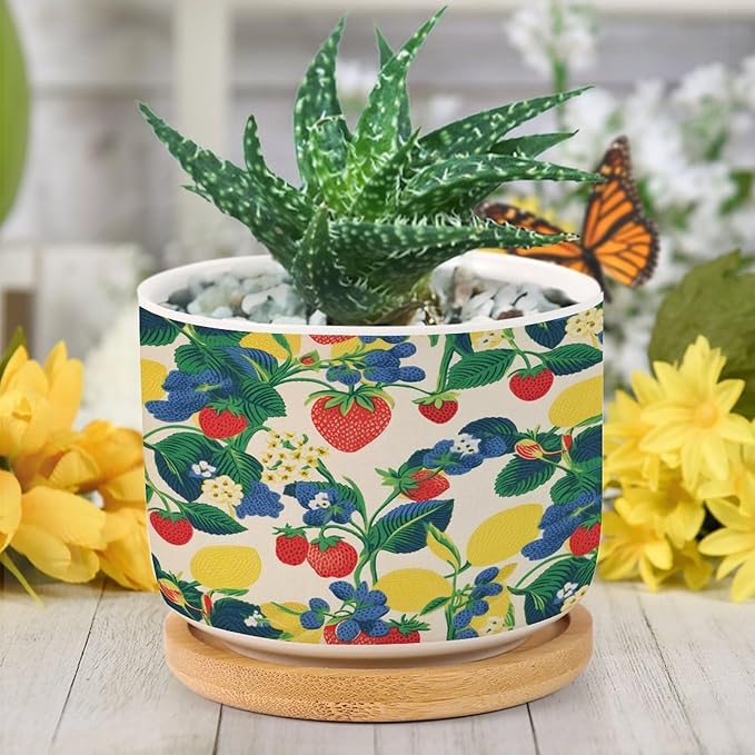 Summer Cherry Lemon Citrus Garden Planter Ceramic Strawberry Fruit Season Round Flower Pots with Drainage Holes and Bamboo Tray Pot for Outdoor Garden Home Plant