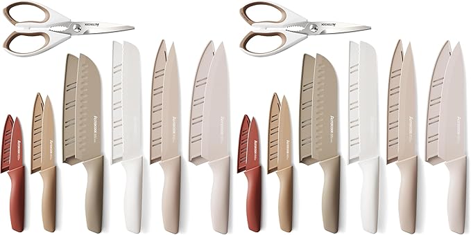 Astercook Knife Set, 13 Pieces Kitchen Knives Set with Healthy Anti-Rust Coating, Dishwasher Safe, Stainless Steel Chef Knife Sets with 6 Blade Guards, Perfect Holiday Gifts for Kitchen (Pack of 2)
