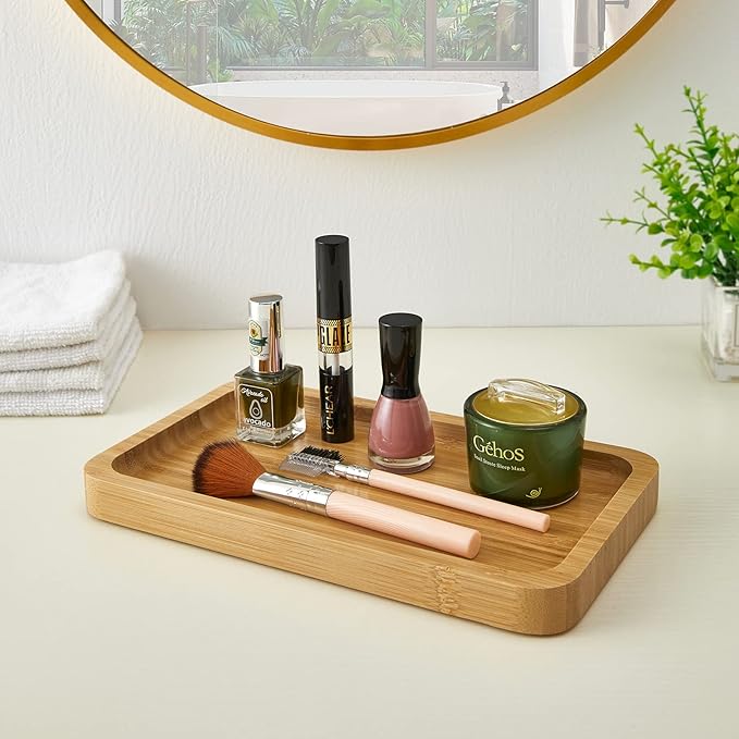 Qtip Holder with Vanity Tray, 3 Pack Glass Apothecary Jars with Lids, Bathroom Accessories Canisters Organizers Jars Containers for Cotton Ball Round Swab Pad Hair Ties Floss Perfume Jewelry