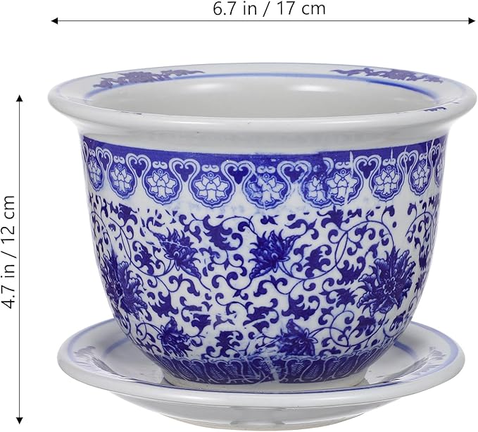 DOITOOL Blue and White Ceramic Planter Pot Chinese Ceramic Flower Pots Oriental Planter Decorative Succulent Plant Pot with Trays for Balcony Yard Home Decoration