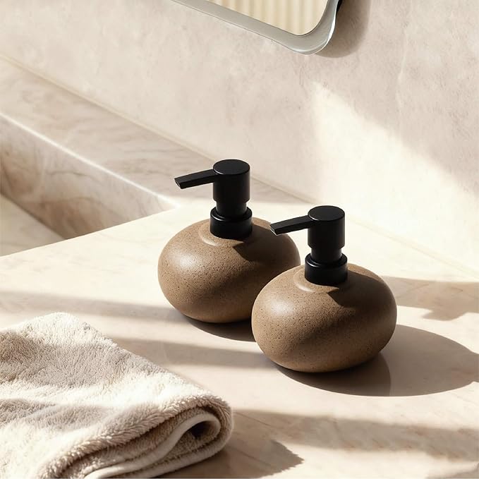 10oz Ceramic Hand Soap Dispenser, Elegant Liquid Soap Dispenser for Bathroom Countertop, Heavy & Sturdy Dish Soap Dispenser for Kitchen (Brown Set of 2)