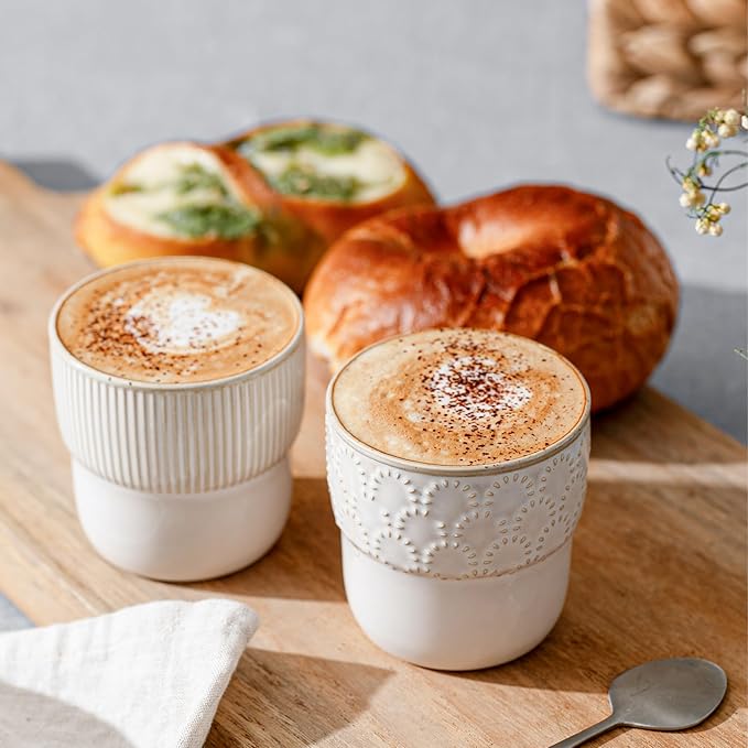 Espresso Cups Set of 2, 4oz Espresso Shot Cups, Mini Coffee Mugs Farmhouse Decor, Espresso Cup Perfect for Espresso Machine, Microwave and Dishwasher Safe，（Embossed Stripes+Firework）