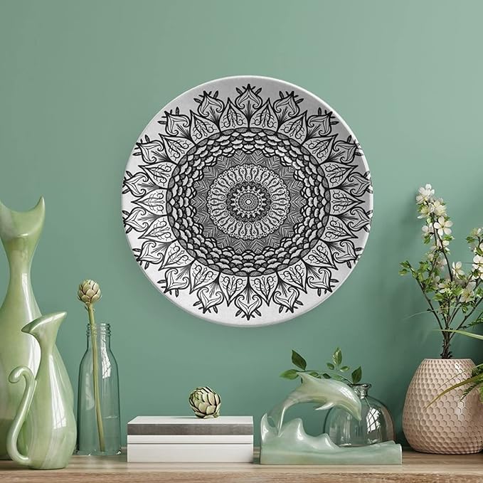 XISUNYA 6 Inch Decorative Plate, Lotus Ceramic Stoneware, Arabesque Mandala Flower Boho Pattern Print Ornament Display Plate Decor Accessory for Dining, Parties, Wedding, Black White