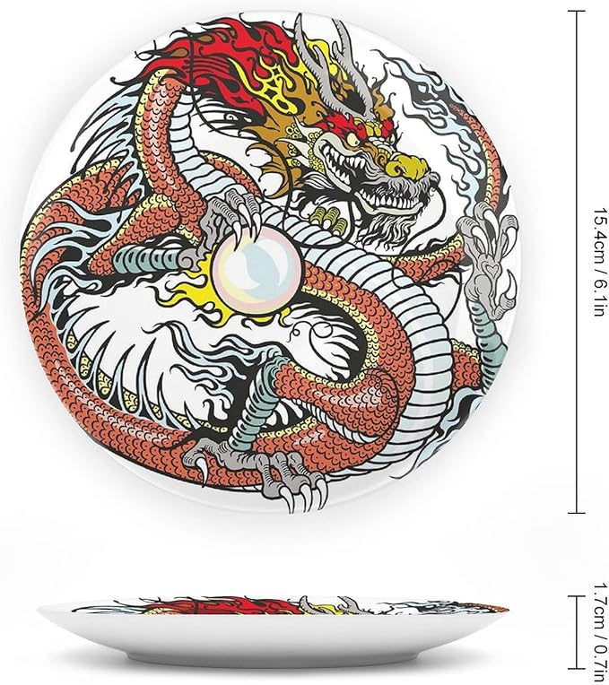 XISUNYA 7 Inch Decorative Plate, Dragon Tableware Plate, Traditional Chinese Creature Holding Pearl Zodiac Print Ceramic Wall Hanging for Home & Office Wall Hanging Decor