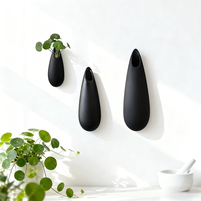 Sculptural Wall Ceramic Vase — 3 Pack Black Hanging Sconce Vase | Turn Flowers into Art — Decorative Ceramic Wall Sconce for Single Stem Displays