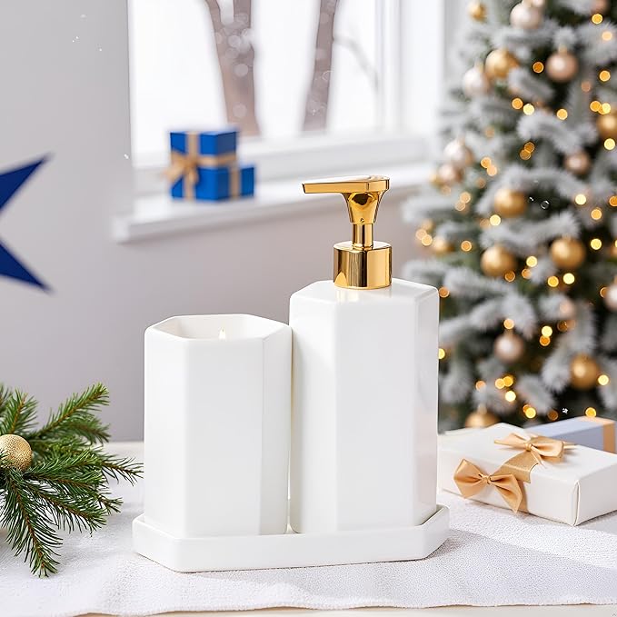 Ceramic Bathroom Accessories Complete with Soap Dispenser, Toothbrush Holder, Bathroom Tumbler, and Vanity Tray - Modern Bathroom Decor,3PCS (Gold)