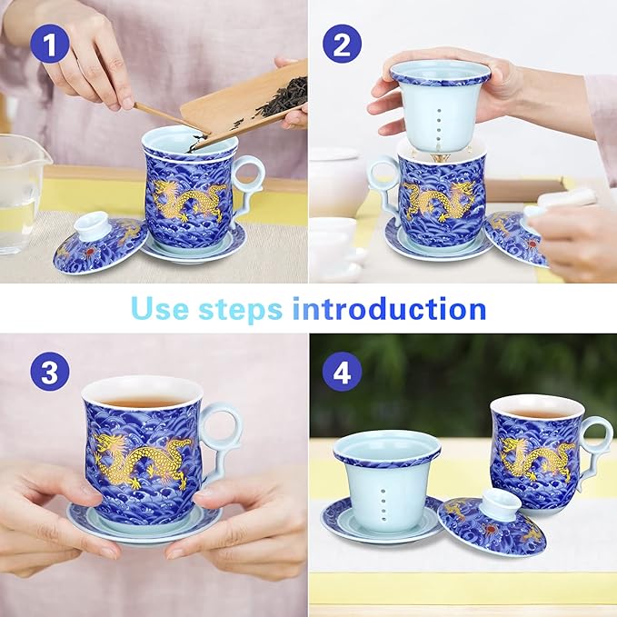 Tea Cup with Infuser Lid and Saucer Sets - Jingdezhen Ceramics Mug Chinese Porcelain Teacup Loose Leaf Tea Brewing System for Home Office Personal Portable Mug TC400 - Blue, 13.5oz / 400ml