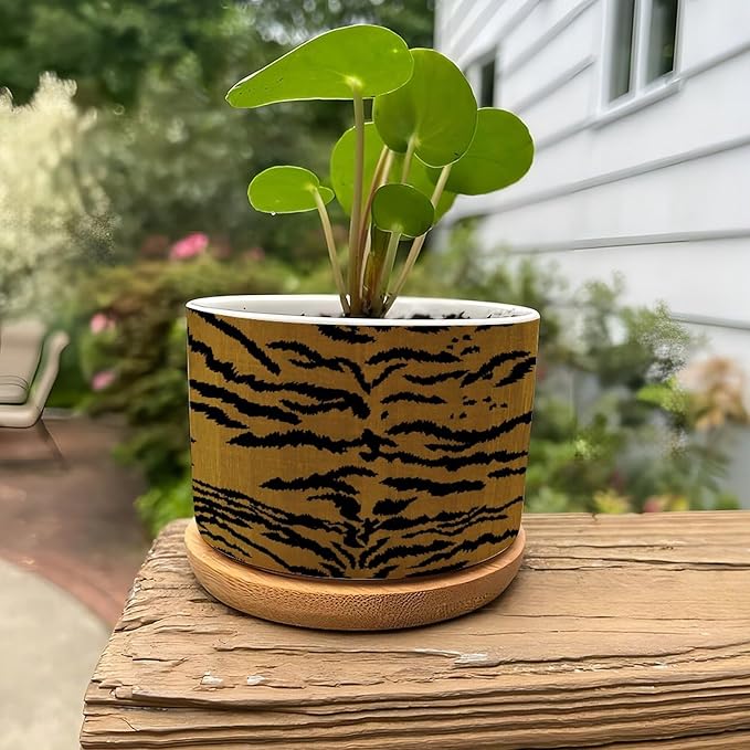 DreamAutumn Tiger Stripes Ceramic Flower Pots,Gardening Plant Pot with Drainage Holes and Saucers Round Ceramic Pots for Indoor Plants Succulent Herbs Cactus Pots for Dad Papa Grandpa