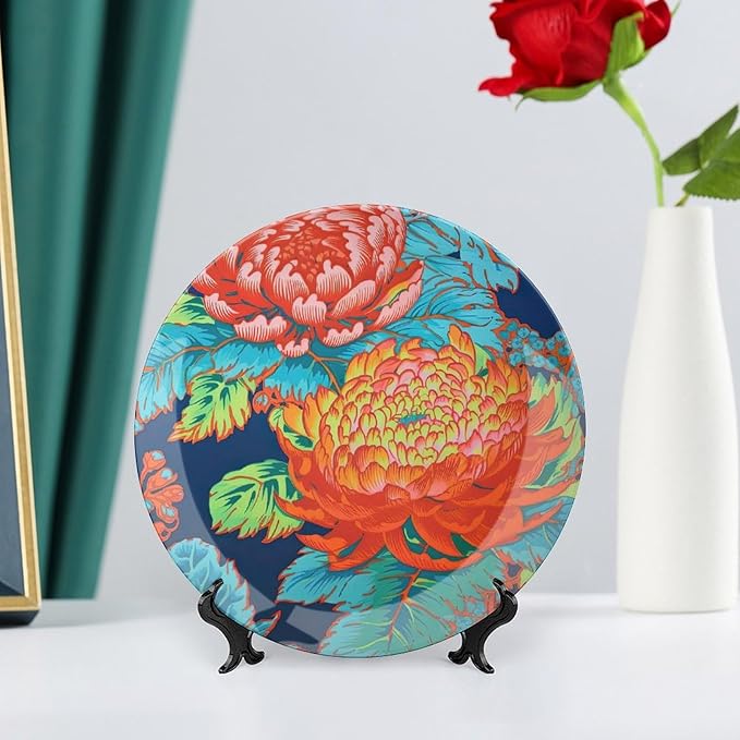 Red Blue Chinoiserie Peony Floral Ceramic Decorative Plate, Personalized Asian Scenic Chic Chinoiserie Hanging Decorative Tiles, Farmhouse Decorations Wall, Including Bracket And Special Hook