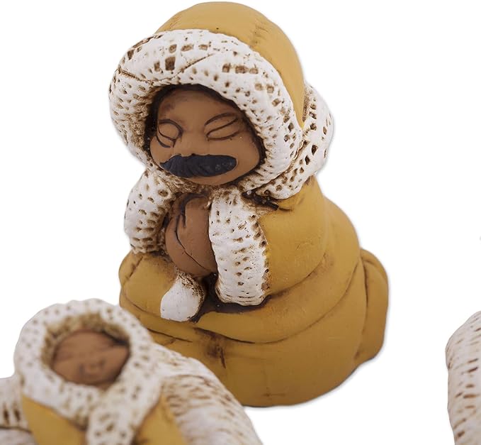 NOVICA Artisan Handmade Ceramic Nativity Scene Inuitthemed from Peru 8 Pcs White Brown Multicolor Sculpture Cultural Animal Christian Religious Bear [largest Piece 2in H x 3.7in W x 2in D Smallest Pi]