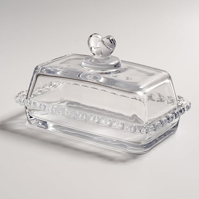 Glass Butter Dish with Heart Lid, Clear Glass Covered Butter Stick Holder Tray, Crystal Butter Storage Container for Fridge Countertop