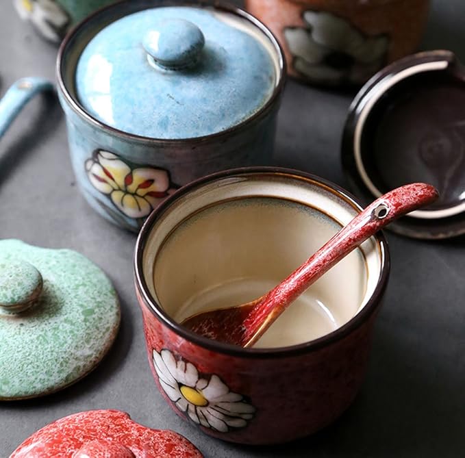 Ceramics Retro Flower Sugar Salt Pepper Storage Jar Seasoning Pot with Lid And Spoon