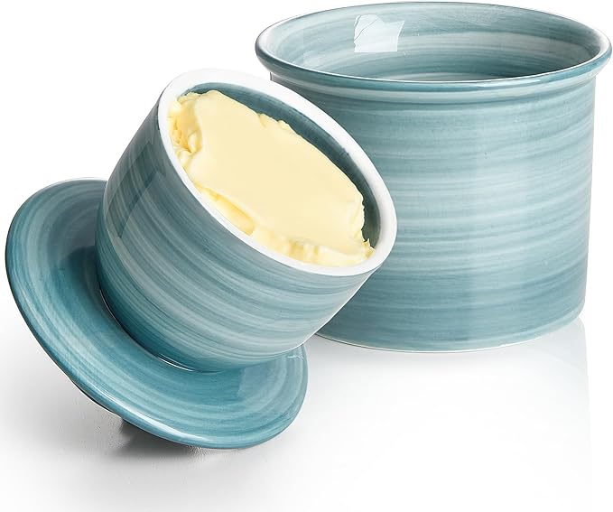 Sweese Hand-Painted Butter Crock with Lid – Vintage-Inspired Butter Keeper for Countertop Use, Unique Artistic Design, Dishwasher & Microwave Safe