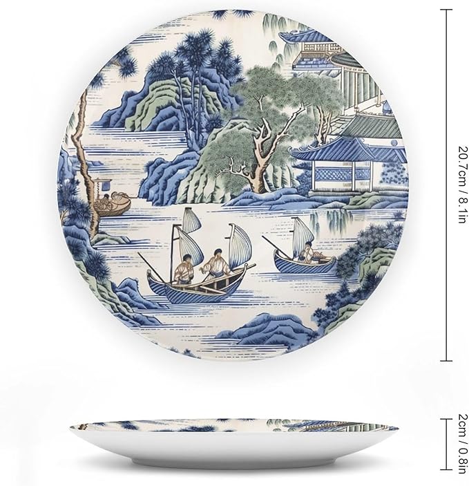 Asian Scenic in Blue And Kelly Green Chinoiserie Ceramic Decorative Plate for Display Housewarming Gifts Club Supplies Festival Wall Holiday Party Decorations Custom Gifts for Men Women Holiday