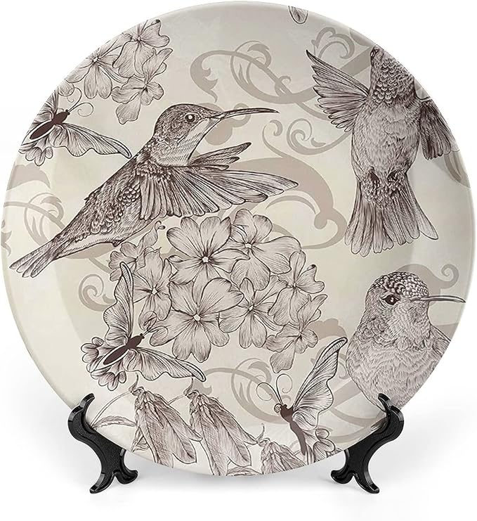 XISUNYA 10 Inch Decorative Plate, Hummingbirds Porcelain Plate, Birds and Flowers Monochromic Classical Print Ornament Display Plate Handmade Plate Wedding Christmas Thankgiving Gifts