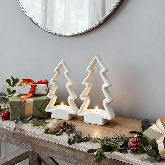 2 Pack White Ceramic Christmas Trees with LED Tea Lights & Remote, Farmhouse Christmas Decorations Indoor for Tabletop Mantel Shelves Holiday Decor (Large 9.5" H, Small 7.5" H)
