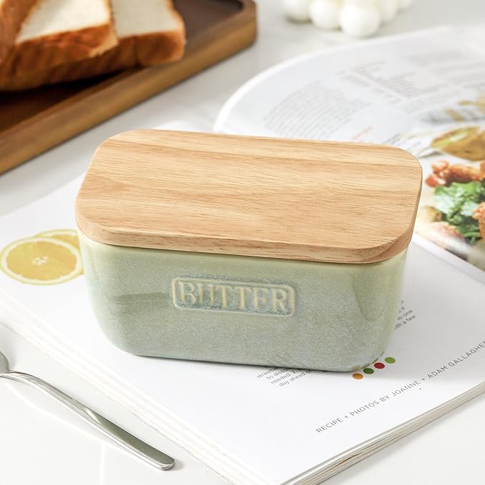 HVH Ceramic Butter Dish with Lid for Countertop, Airtight Butter Keeper with Turquoise Wooden Lid (6 x 3.5 x 2.7)
