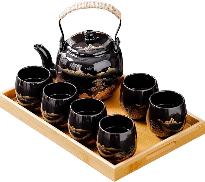 Traditional Japanese tea set, Japanese teapot set, Asian Black glazed tea set with 1 Teapot, 6 Tea cups, 1 Tea strainer, 1 Tea tray (Landscape Black)
