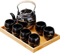 Traditional Japanese tea set, Japanese teapot set, Asian Black glazed tea set with 1 Teapot, 6 Tea cups, 1 Tea strainer, 1 Tea tray (Landscape Black)