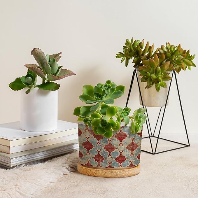 DreamAutumn Geometric Kilim Moroccan Ikat Ceramic Pots with Drainage Holes - Round Flowerpots with Bamboo Tray for Succulents and Snake Plants