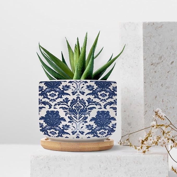 Blue Regalia Lion Ceramic Planters Chinoiserie Geometric Print Flower Pots for Indoor Plants with Drainage Holes and Saucers Pot for Outdoor Garden Home Plant
