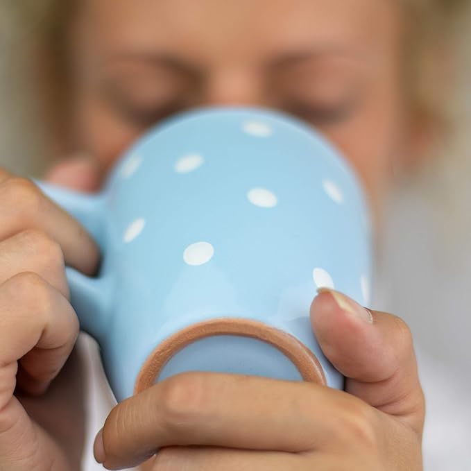 City to Cottage Ceramic Cappuccino Mug with Large Handle, 10oz Coffee Mug for Latte Hot Chocholate Tea, Daily Morning Dring at Home Office Work, Christmas Housewarming Gift, Sky Baby Blue Polka Dot