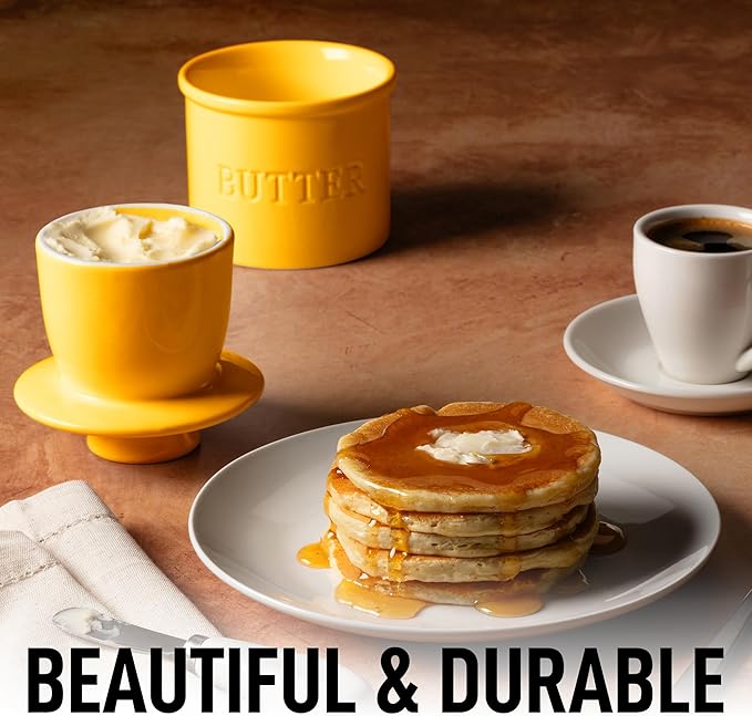 Zulay Kitchen Bell Shaped Butter Crock with Lid for Countertop with Water Line & Spreader Knife, Ceramic French Butter Dish Keeper For Fresh, Soft & Spreadable Butter - Yellow