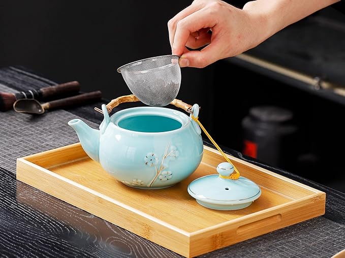 Japanese Tea Set with 1 Teapot(23 oz/660ml), 6 Tea cups(5.3 oz/150ml), 1 Tea Tray, 1 Stainless Infuser, Golden plum blossom relief,Chinese gungFu tea set (Golden plum-Blue)