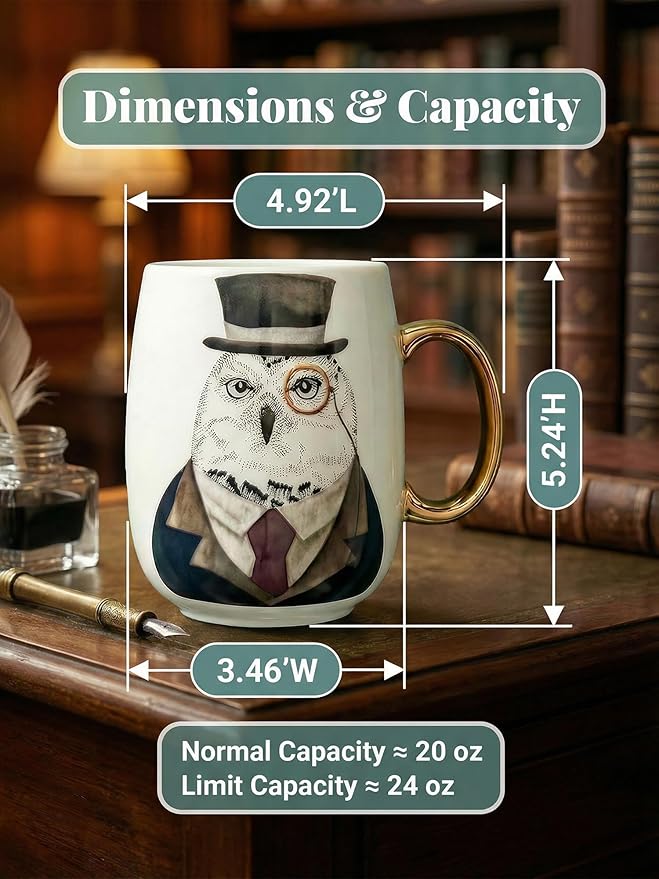 Large 24oz Ceramic Coffee Mug with Gold-Trim Handle, Oversized Porcelain Mug for Coffee, Tea & Hot Chocolate, Hand-Painted Artisan Style, Lead-Free, Gift-Ready Box, Hand Wash Only, Not Microwave Safe