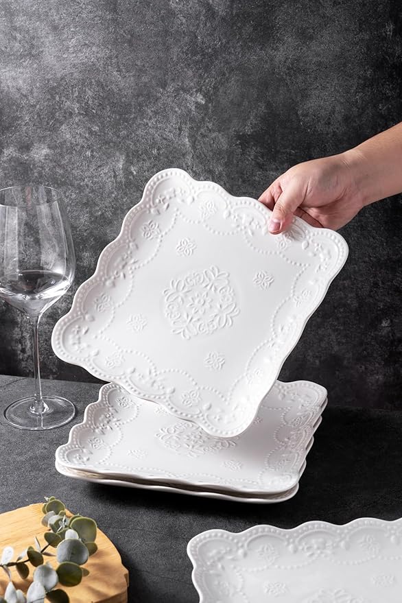 Jusalpha Set of 4-Square Embossed Lace Ceramic Plate-Dinner Plate Set, Pasta/Salad/Dessert Plate Dishwasher MicrowaveTableware Set for Restaurant Family Party Kitchen Use (White, 10 Inches)