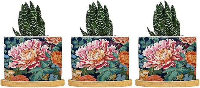 Bright and Chinoiserie Planters Ceramic Coral Peony Floral Round Plant Pot with Drainage Holes and Bamboo Tray Pot for Home Office Decoration