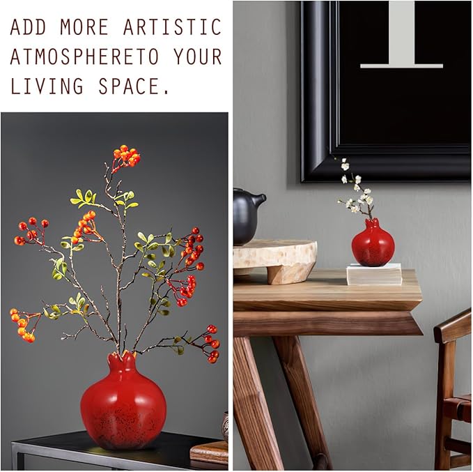 DECHOUS Small Ceramic Vase - Vintage Pomegranate Shape Flower Bud Vase Unique Aesthetic for Home Office Shelf Table Floral Arrangement, 3.3x2.7 Inch