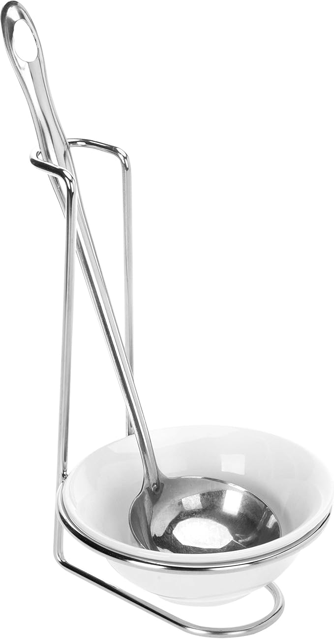 MyGift White Ceramic Ladle Holder Spoon Rest, Upright Single Cooking Utensil Holder, Vertical Drip Catcher Dish with Stainless Steel Stand for Kitchen Counter