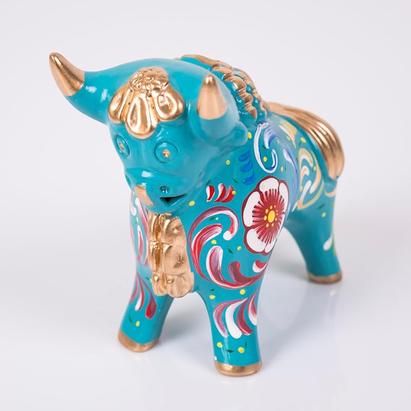 Turquoise Figurine Pucara Bull 4.7"H, Ceramic Bull Pucara, Peru Folk art, Pottery Sculpture Bull, sculpture made of clay, Unique Gift Peru