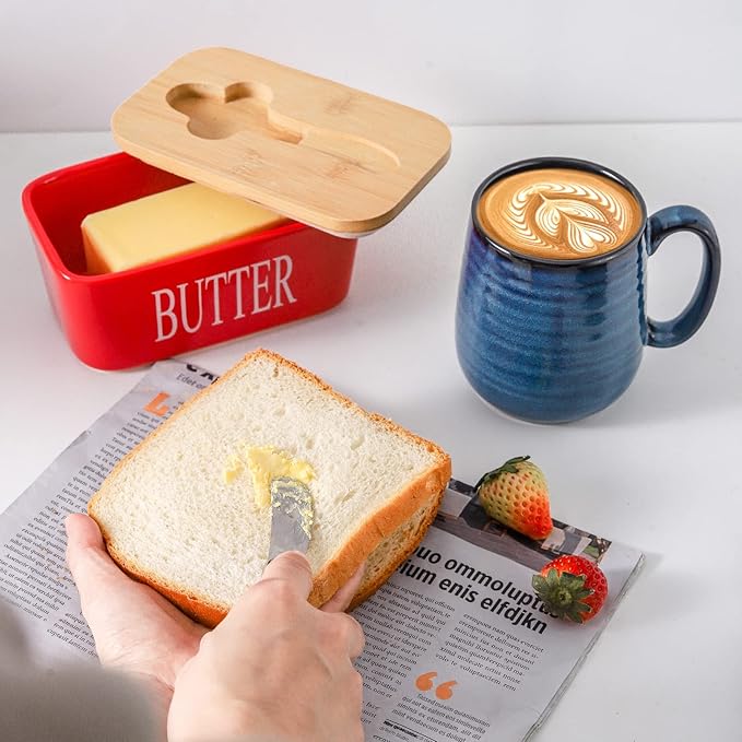 Hasense Porcelain Butter Dish with Bamboo Lid - Covered Butter Dish with Butter Knife for Countertop, Airtight Butter Container with Cover Perfect for East West Coast Butter, Red