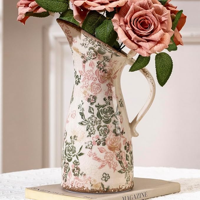 Vintage Ceramic Pitcher Vase with Handle, Farmhouse Green and Pink Large Floral Vases, Chinoiserie Decorative Vase, Rustic Table Centerpiece for Home Decor Living Room, Bookshelf, Office 10.5 Inch