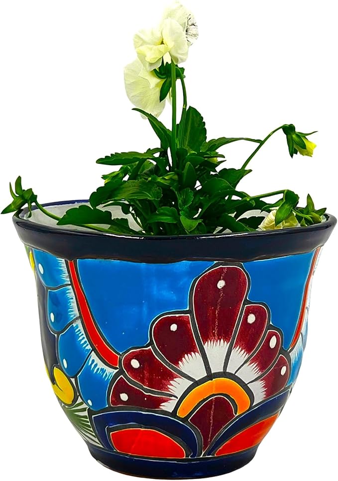 Cactus Canyon Ceramics Talavera Planter Pot, Hand-Painted Mexican Ceramic Pot with Drainage Hole, Indoor Outdoor Rustic Botanical Terracotta, 7.5 Inch, Dark Blue Multicolor