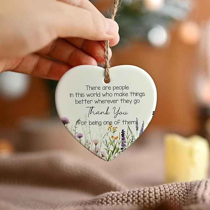 NGHYANA Christmas Tree Ornaments 2025 Heart Shaped Ceramic Thank You Ornament with Wildflower Design – 3.1 Inch Hanging Gift for Appreciation, Gratitude, Teachers, Friends, Coworkers