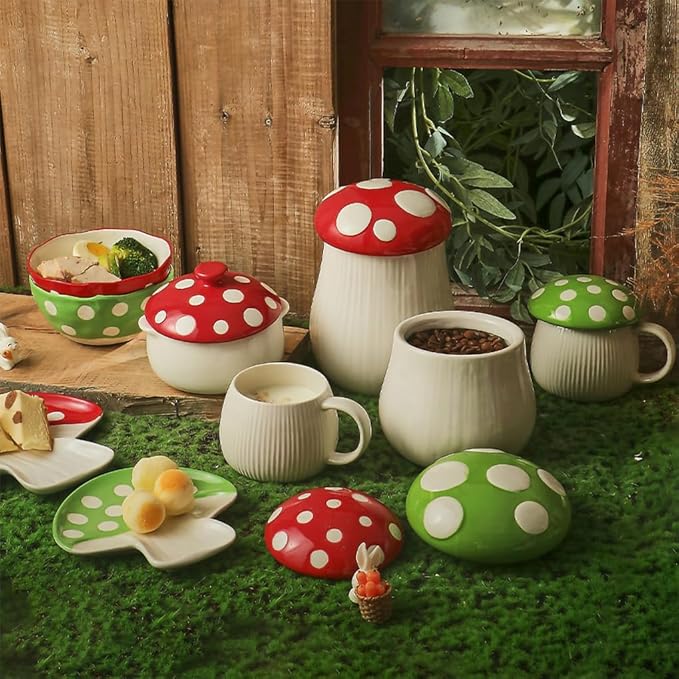 WAIT FLY Mushroom Shaped Ceramic Coffee Bean Storage Container, Tea Canister, Food Storage Jar for Tea, Coffee, Spices, Sugar, Candy, Cookies-Green-28 OZ