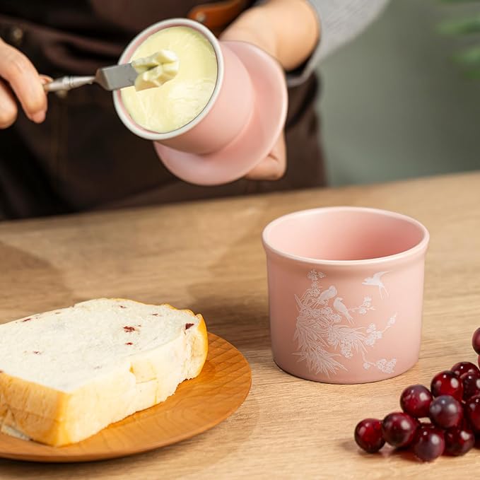 Stoneware Butter Crock with Lid, Ceramic Butter Dish with Water Line, Countertop Butter Keeper, Butter Holder for Countertop, Pink